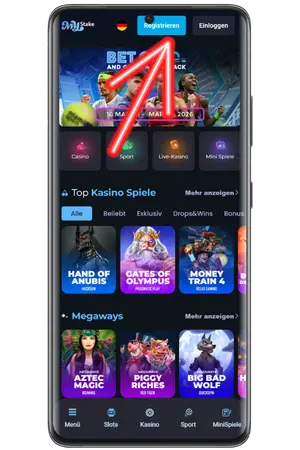 Klicken Sie auf den blauen Button, um die Registrierung bei MyStake casino zu starten