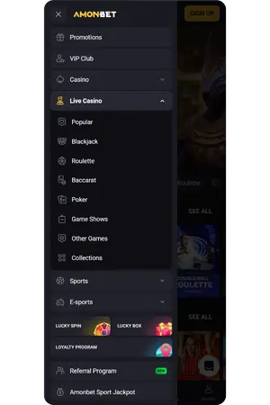 Menu page Amonbet UK